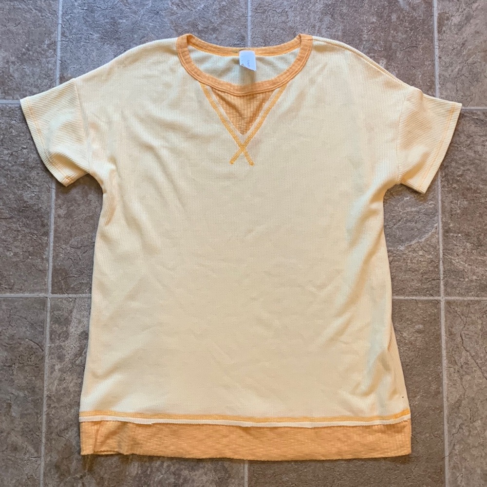 Honeyme Yellow Short Sleeve Thermal Tee with Orange Trim
